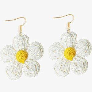 3" White & Yellow Raffia Flowers Oversized Statement Earrings Wicker Flower New